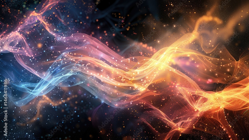 Poster abstract picture micro light sparkling particle represent data flow vivid flowing wave with high tec