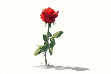 Fototapeta premium Vibrant Red Rose with Detailed Stem and Leaves Ideal for Romantic Nature and Botanical Desig