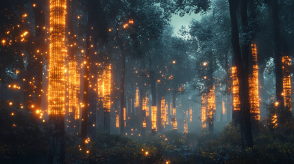 Fototapeta premium Autumnal forest with glowing, mechanical trees. mechanical forests. illustration. [Mechanical Forests] | Programmable Trees | coded flora. Illustration
