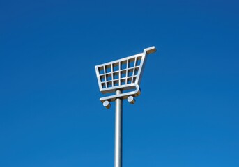 Metal shopping cart sign against a bright blue cloudless sky