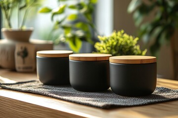 Black ceramic container with bamboo lid on table. Generative AI
