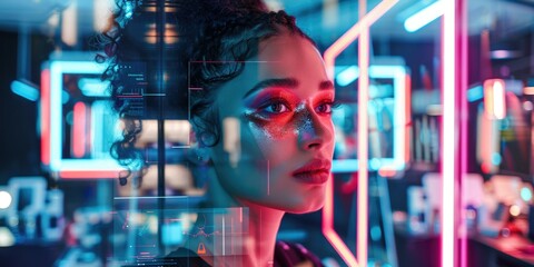 A makeup artist in a stylish studio with an AI assistant as a digital interface providing color palettes and makeup styles. Bright, even lighting enhances the vibrant colors. AIG60