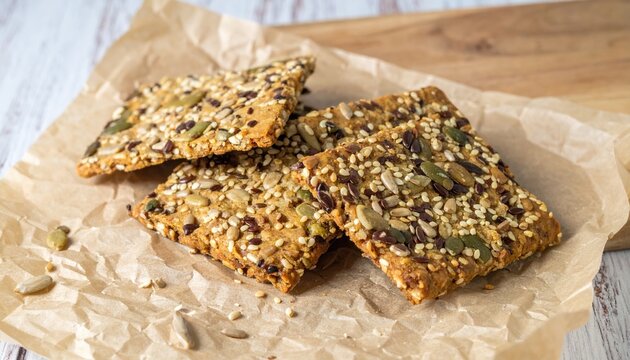 Delicious Multigrain Seed Crackers Healthy Snack Food on Brown Paper