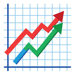 A blue arrow sharply trending upwards over fluctuating red and green lines on a grid on a white background.