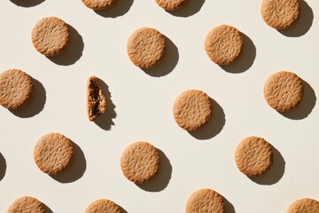 Top-down view of round buckwheat cookies arranged in a grid with strong shadows, featuring broken and rotated piece that breaks the symmetry