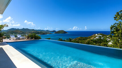 Obraz premium Panoramic ocean view infinity pool luxury resort under blue Caribbean sky
