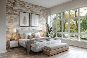 Fototapeta premium Modern bedroom interior with natural stone wall and large windows.
