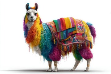 Vibrant Rainbow Llama with Colorful Blanket Perfect for Artistic and Cultural Designs