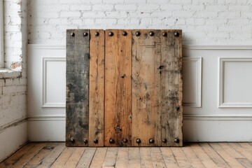 Vintage Wooden Planks with Rivets Leaning Against a White Brick Wall for Rustic Decor and DIY P