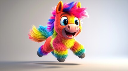 Fototapeta premium Colorful cartoon pony leaping against a plain background