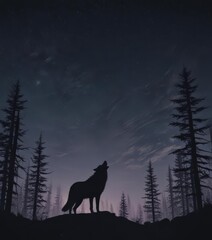 Desolate forest, lone wolf silhouette against night sky ,  animal,  wilderness