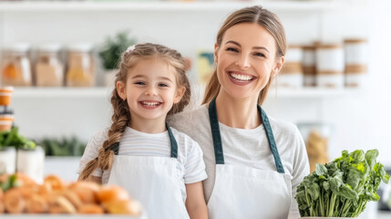 Smiling parent and child selecting fresh meals in kitchen for healthy cooking