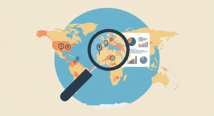 Global market analysis with data visualization and location pinpointers on world map