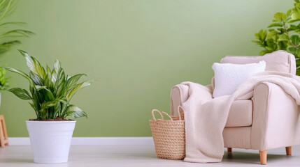 Cozy reading nook with moss green wall featuring comfy textiles and indoor plants for relaxation