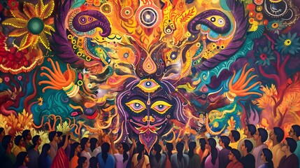 Colorful Depiction of a Hindu Deity with Worshippers