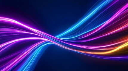 The image contains an abstract design featuring vibrant, glowing lines of purple, blue, and orange, curving and intertwining against a dark blue background, creating a dynamic and energetic visual ef