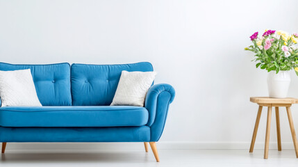 Elegant living room with deep blue sofa and modern gold accents for interior design inspiration