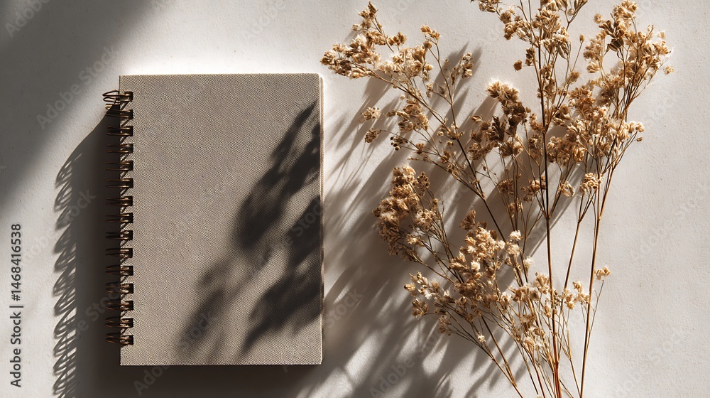 Poster aesthetic flat lay of a closed notebook and dried grass on a neutral background in natural light