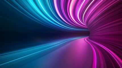 The image contains an abstract representation of a tunnel or vortex, with vibrant streaks of light in shades of teal and magenta swirling towards a dark center.
