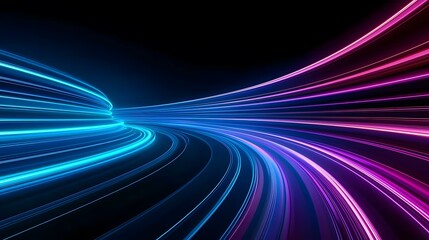 The image contains an abstract representation of light trails, appearing as vibrant blue and purple streaks curving and converging into a tunnel-like formation.  The effect suggests speed and movemen