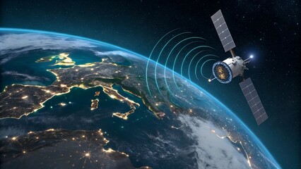 Satellite Transmitting Signals Over Europe at Night with City Lights Visible from Space