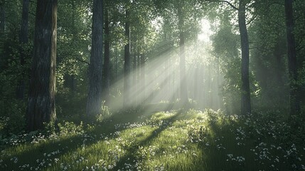 Obraz premium Forest with sunlight shining through the trees. The light is casting shadows on the ground