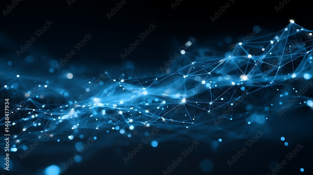 Leinwandbilder An abstract digital network with glowing blue lines and dots on a dark background, the lines form a geometric web, like pattern connecting multiple bright node, digital communication and data exchange