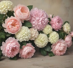 Pastel roses, peonies & hydrangeas on vintage wall backdrop, pastel hydrangeas, bloom