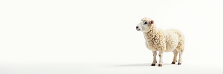 Fototapeta premium Lone sheep on pure white backdrop, fluffy wool , white, farm