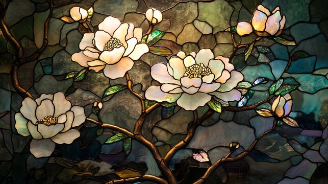 Stained Glass Magnolia Blossom Panel: A Serene Art Nouveau Design