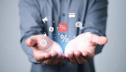 Obraz premium Person holding digital marketing icons showcasing online sales discounts promotions and business growth strategies