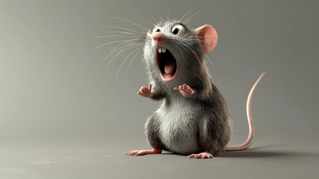 Shocked cartoon mouse, studio shot, gray background, surprised expression
