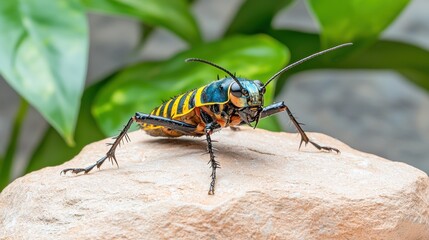 Naklejka premium Vibrant Yellow and Black Insect on Rock, Close up