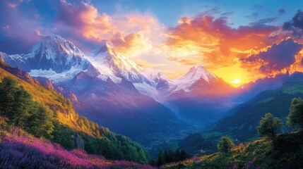 Majestic Snow Capped Mountain Range at Sunset