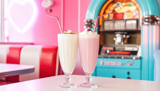 Two Delicious Milkshakes in Retro Diner Setting Perfect for 50s Theme Restaurant Menu