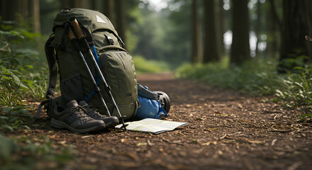 Hikers gear and map on a forest trail