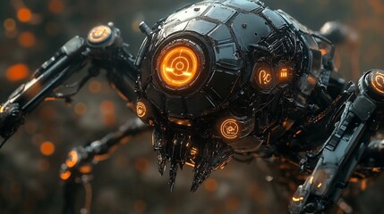 Fototapeta premium Cybernetic Spider Robot: Glowing Orange Details in Dark Sci-Fi Style
