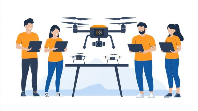 Drone technology group illustration controlling flying modern drone device with digital tablet for aerial photography and videography