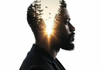 A striking profile view of a man with a forest superimposed onto his head, full of depth.