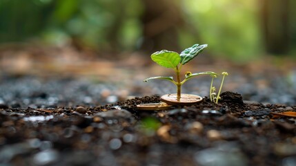 A small plant sprouting from the soil over coins