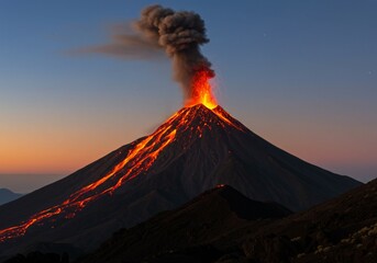 Volcano Eruption with Flowing Lava and Smoke at Dusk Landscape