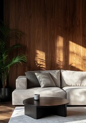Cozy modern living room with a sectional sofa. wooden walls. and a round coffee table. featuring decorative items and a serene atmosphere. ideal for interior design inspiration