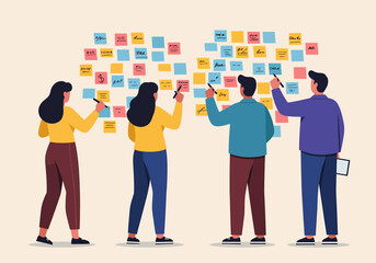 Brainstorming on wall with colorful sticky notes and business partners