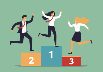 Cheerful Business Team Celebrating Success on a Winner Podium