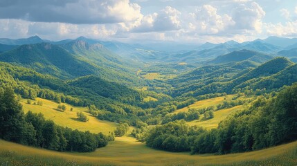 Fototapeta premium Majestic valley nestled among verdant mountain ranges.