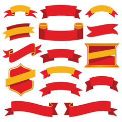A set of fifteen red banners and ribbons with gold trim in various shapes and styles on a white background.