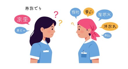 Fototapeta premium Two healthcare workers communicating in a hospital setting with text bubbles expressing thoughts and concepts