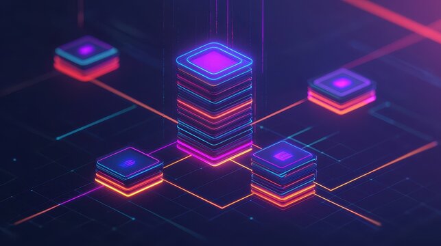 Futuristic neon illustration of digital data stacks, representing technology, networking, and data processing on a dark background.