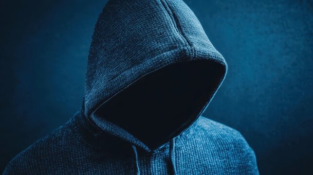 A mysterious figure in a hoodie stands in the shadows, face hidden in darkness against a blue background.