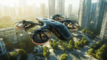 Futuristic Air Taxi Soaring Over Modern Cityscape